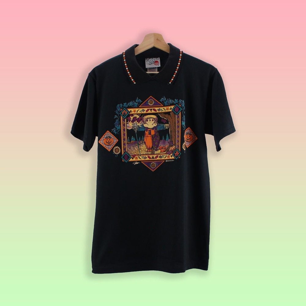 1990s Vintage Collared T-Shirt - Scarecrow Halloween Graphic Tee - M